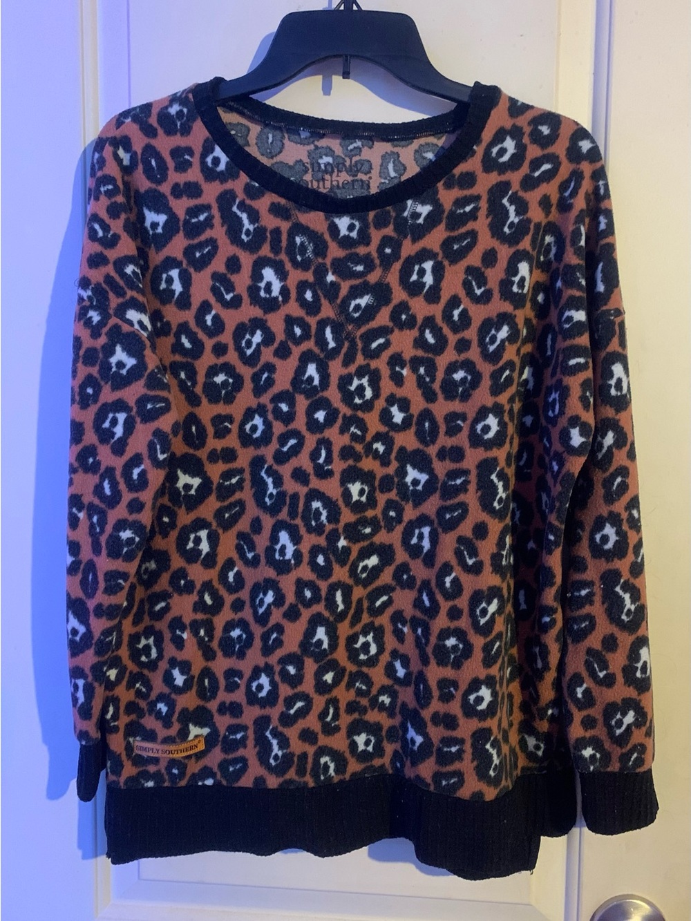 Simply Southern Leopard Print Crewneck Sweater with Black Trim
